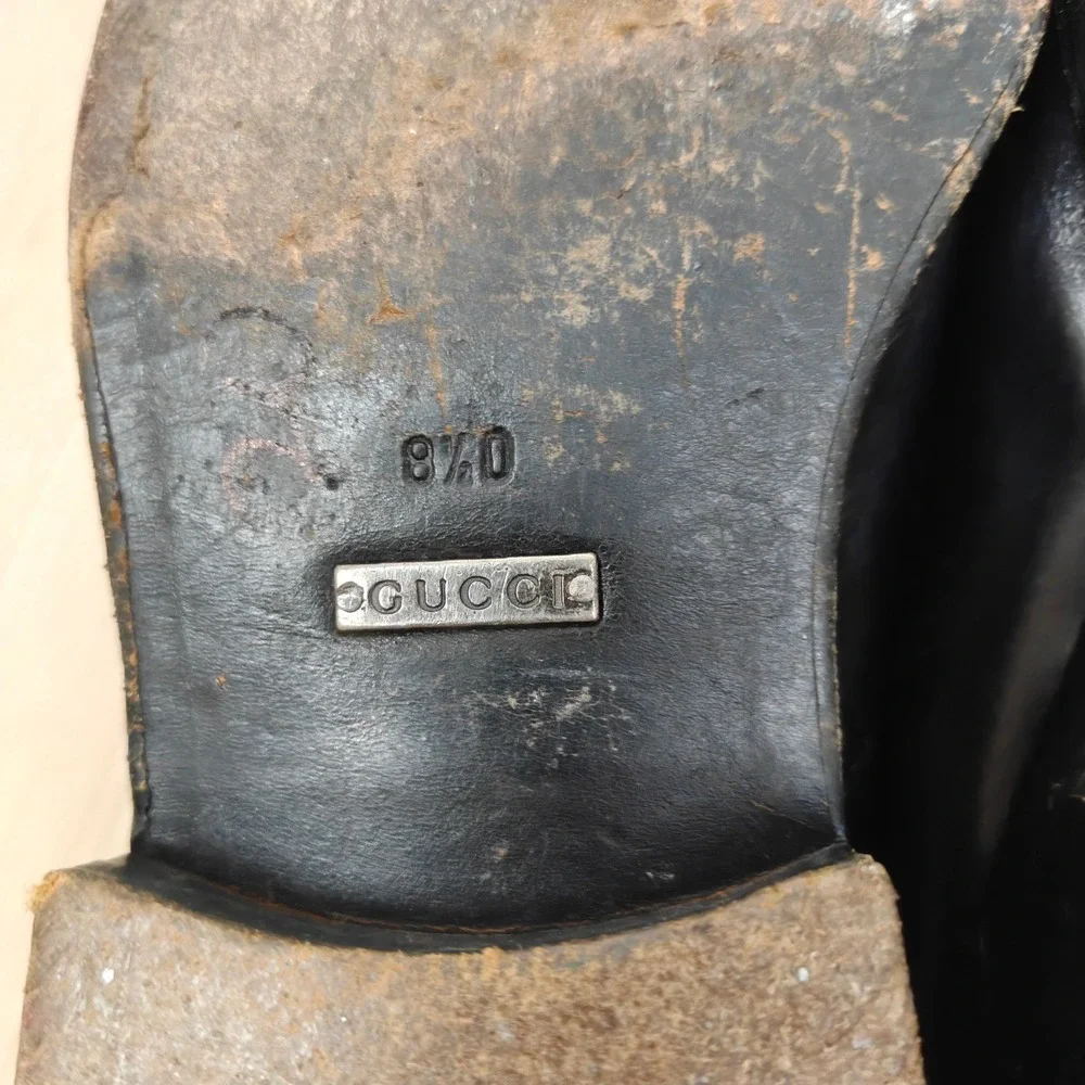Gucci Mens Loafers 8.5 Black Leather Square Toe Metal Logo Plate Italian Shoes